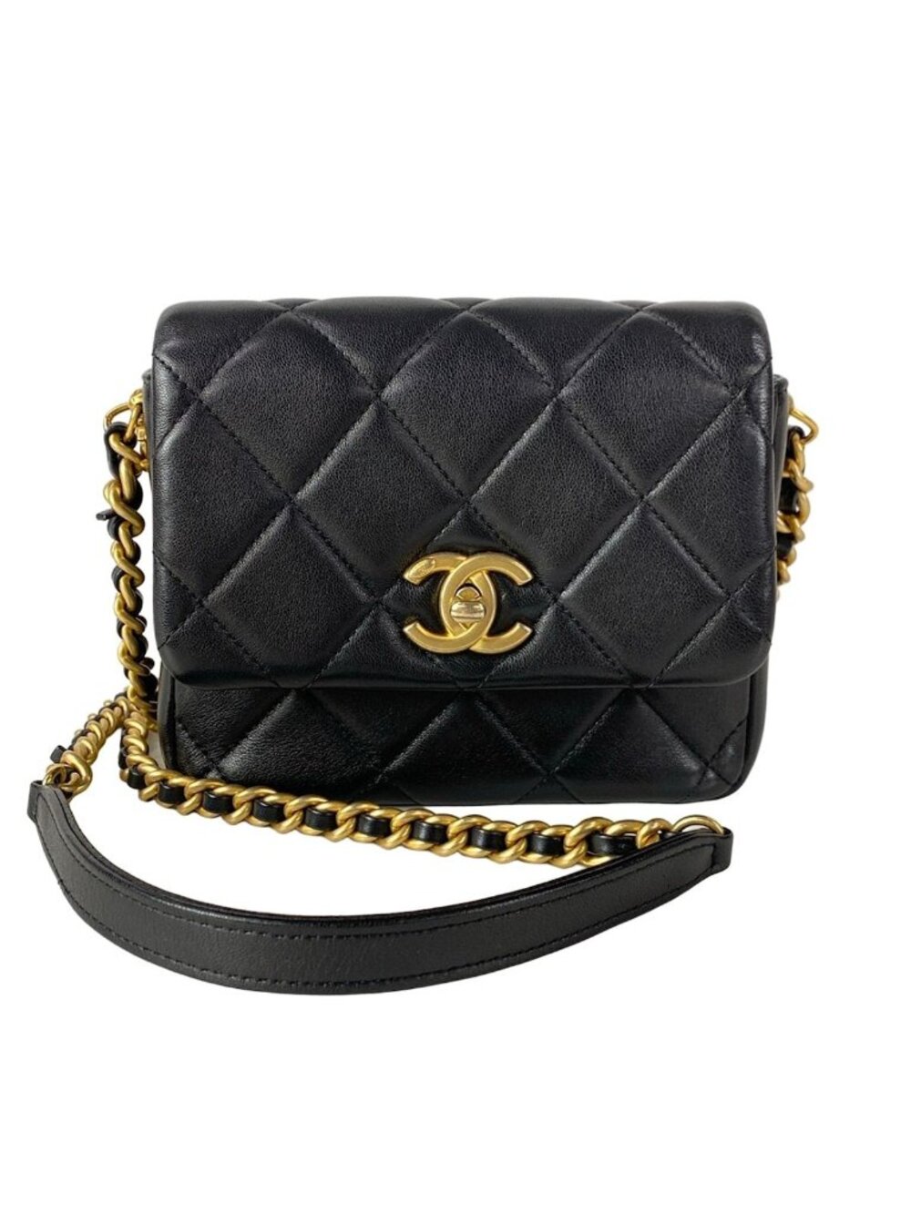 Chanel Shoulder Bag Mini Quilted Black Chain Gold Lambskin